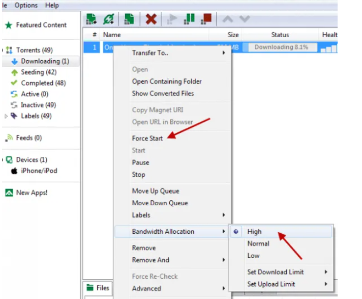 Downloading что делать. Bandwidth allocation utorrent что это. Force start.